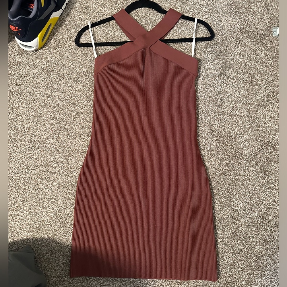 Aritzia Ribbed Cross-Back Dress — Rust Brown